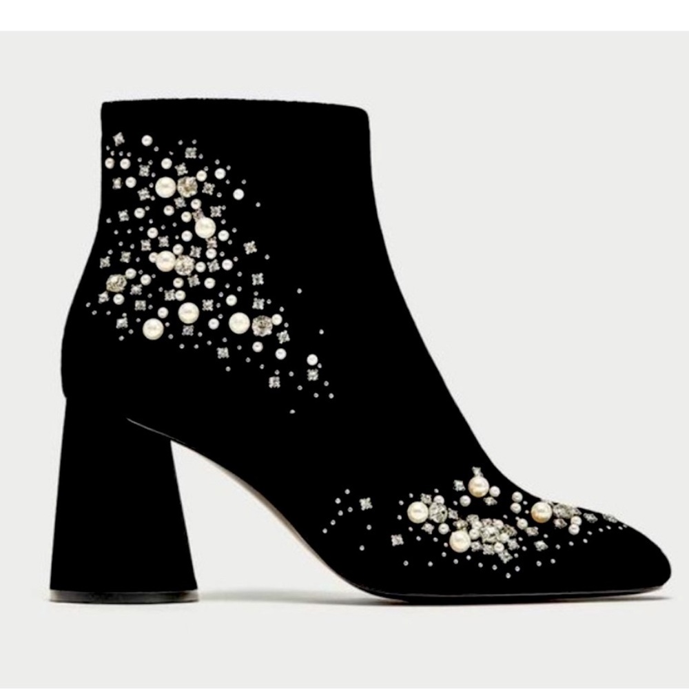 Zara Black Pearl Embellished Ankle Boots